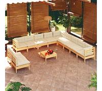 Teenpull Muebles de jardín 12 Piezas con Cojines Crema Madera Maciza de Pino Set Modular para Exterior terraza Patio Comedor con sofá rinconera Mesa reposapiés para Descanso y reunión al Aire Libre