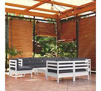 Teenpull Muebles de jardín Conjunto 10 Piezas con Cojines Blancos Madera Maciza de Pino Robusta para terraza Patio balcón con sofá rinconera Modular Mesa reposapiés Ideal para Descanso y Ocio al Aire