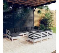Teenpull Muebles de jardín Conjunto Exterior 11 Piezas Madera Maciza de Pino Cojines Blancos para terraza Patio balcón Comedor con sofá rinconera Mesa reposapiés Modular para Descanso y Ocio