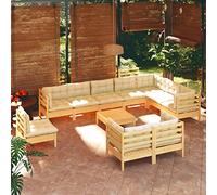 Teenpull Muebles de jardín Conjunto Exterior 11 Piezas Madera Maciza de Pino Crema con Cojines sofá rinconera Modular Mesa reposapiés para terraza Patio balcón Descanso y Ocio