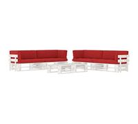 Teenpull Muebles de palés Madera Pino impregnada Blanco para jardín y terraza con Cojines Rojos, Conjunto Exterior Modular con sofá rinconera, mesas y sillas para Descanso y Ocio en Patio o balcón
