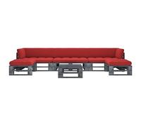 Teenpull Muebles de palets de Madera de Pino impregnada Gris para jardín 6 Piezas con Cojines Rojos, Conjunto terraza Exterior con sofá rinconera, Mesa, reposapiés para Descanso y reunión en Patio