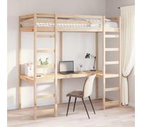 Teenpull Natural Solid Pine Loft Bed Frame with Desk, Single Short 90 x 190 cm, slatted Base, Ladder, Guard Rails, Indoor Space-Saving Design for Bedroom, Guest Room, Home Use