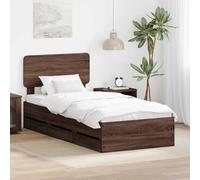 Teenpull Oak Brown Bed Frame with Drawer 90 x 200 cm Wooden Base Platform Headboard Adjustable Storage Space for Bedroom Indoor Use Single Sleeper 100 kg Support