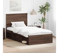 Teenpull Oak Brown Bed Frame with Headboard, 100 x 200 cm, Solid Pine and Engineered Wood, Slatted Base, Modern Single Bed for Bedroom, Guest Room, Easy Care, 100 kg Capacity