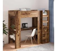 Teenpull Old Wood Loft Bed Frame with Desk, 90 x 200 cm Single Mattress, Engineered Wood, slatted Support, Safety Rail, Ladder, Shelves, Space Saving Design for Bedroom Study Area