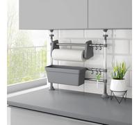 Teenpull Organizador de cocina ajustable de aluminio con cesta grande, gancho y soporte para rollos de cocina, ahorra espacio, 50 x 15 x 47-80 cm, marco estable, ideal para cocina, armario y despensa