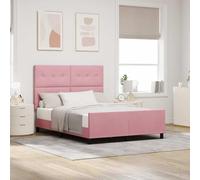 Teenpull Pink Box Spring Bed Frame with Velvet Headboard, 140 x 200 cm, Pine Wood Structure, Adjustable 2 Height Headboard, Bedroom Support for Home Rest and Sleep