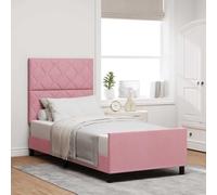 Teenpull Pink Box Spring Bed Frame with Velvet Headboard for 90 x 190 cm Mattress, Pine Wood Structure, 2 Height Headboard Options, Indoor Bedroom Use, Supports up to 140 kg, Easy Assembly