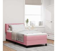 Teenpull Pink Box Spring Bed with Headboard, 200 x 100 cm Velvet Upholstered Frame, Adjustable Cabecero, Medium Firm Colchón, Interior Bedroom Support for One Adult