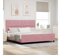 Teenpull Pink Box Spring Bed with Upholstered Headboard, 200 x 200 cm Velvet Platform Bed, Pine Wood Frame, Adjustable Two Height Headboard, Indoor Bedroom Support for Adults and Couples