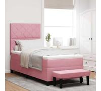 Teenpull Pink Box Spring Bed with Velvet Headboard, 200 x 90 cm Mattress, Wooden Frame, Medium Firm Foam Mattress, for Bedroom, Indoor Use, Single Sleeper, Modern Comfort and Support