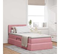 Teenpull Pink LED Storage Bed Frame with 90 x 200 cm Pocket Spring Mattress, Velvet upholstered Lift up Base, Adjustable headboard, USB Light Strip, Under Bed Storage for Bedroom