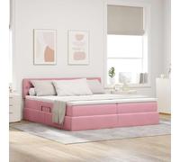 Teenpull Pink Storage Bed Frame with Mattress, LED Lights, Gas Lift Storage, Adjustable headboard, Velvet Upholstery, 200 x 200 cm, Medium Firm Support, USB Powered for Bedroom Use