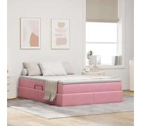 Teenpull Pink Velvet Storage Bed with Mattress, upholstered Platform Base, Hydraulic Lift, Metal Frame, slatted Support, for Modern Bedroom, 140 x 190 cm, Space Saving