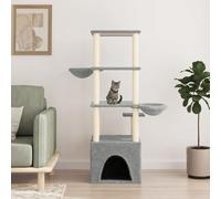 Teenpull Rascador para gatos con columnas rascadoras de sisal, color gris claro, 147 cm de alto, funda de felpa, material de madera, torre de escalada y tonel rascador, mueble compacto para gatos para