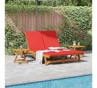 Teenpull Red Solid Acacia Wood Sun Lounger with Cushion, Adjustable Backrest and Footrest, Weather Resistant Outdoor Lounge Chair for Garden, Terrace, Balcony, Poolside Relaxation