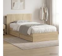 Teenpull Roble Sonoma Bed Frame with Storage for 90 x 200 cm Mattress, Wooden Structure with slatted Support, Integrated Drawer, headboard Cabinet, Durable Bedroom Platform