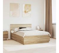 Teenpull Roble Sonoma Cama somier Base lecho con cabecero Ajustable, Tiras LED Multicolor, Puerto USB, Madera de ingeniería, 140 x 190 cm, Interior Dormitorio Moderno, 200 kg