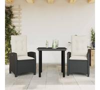 Teenpull Set Comedor de jardín 3 Piezas ratán sintético Negro con Cojines Blancos Crema, Mesa Vidrio Templado 80x80 cm, sillas reclinables Resistentes para terraza, Patio, balcón y Ocio al Aire Libre