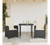 Teenpull Set Comedor de jardín 3 Piezas ratán sintético Negro con Cojines Blancos Crema, Mesa Vidrio Templado 80x80 cm, sillas reclinables Ajustables para terraza, Patio o balcón