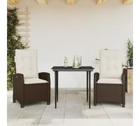Teenpull Set Comedor jardín 3 Piezas ratán sintético marrón con Cojines Blancos Crema, Mesa Vidrio Templado 80x80 cm, sillas reclinables Acero Recubierto, Ideal terraza Patio Porche Descanso Exterior
