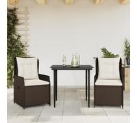 Teenpull Set Comedor jardín 3 Piezas ratán sintético marrón con Cojines Blancos Crema, Mesa Vidrio Templado 80x80 cm, sillas reclinables Acero Recubierto para terraza Patio balcón Ocio Exterior