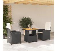 Teenpull Set Comedor jardín 3 Piezas ratán sintético Negro con Cojines Blancos Crema, Mesa elevable 80x80 cm, sillas reclinables con Respaldo Ajustable para terraza, Patio y balcón