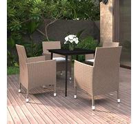 Teenpull Set Comedor jardín 5 Piezas ratán sintético Beige con Cojines Blanco Crema, Mesa Vidrio Negro 80x80 cm, sillas Acero Resistentes para terraza Patio Barbacoa Piscina Ocio Descanso