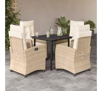 Teenpull Set Comedor jardín 5 Piezas ratán sintético Beige con Cojines Blancos Crema, Mesa Vidrio Templado 80x80 cm, sillas Ajustables con reposapiés para terraza, Patio, balcón y Ocio al Aire Libre