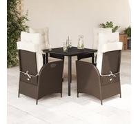 Teenpull Set Comedor jardín 5 Piezas ratán sintético marrón con Cojines Blancos Crema, Mesa Vidrio Templado 80x80x74 cm, sillas reclinables con Respaldo Ajustable para terraza Patio y Ocio al Aire