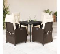 Teenpull Set Comedor jardín 5 Piezas ratán sintético marrón con Cojines Blancos Crema, Mesa Vidrio Templado 80x80 cm, sillas Ajustables con reposapiés, Muebles Exterior terraza Patio