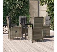 Teenpull Set Comedor jardín 5 Piezas ratán sintético Negro y Gris con Cojines Gris Oscuro, Mesa de Vidrio Templado 80x80 cm, sillas reclinables con Estructura Acero para terraza, Patio o balcón