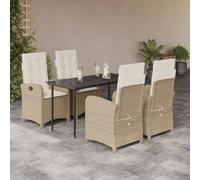 Teenpull Set Comedor jardín ratán sintético Beige con 4 sillas reclinables y Mesa Vidrio Templado para terraza Patio Exterior con Cojines desenfundables y Resistentes al Sol