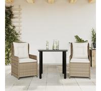 Teenpull Set Comedor jardín ratán sintético Beige con Cojines, 3 Piezas, Mesa Vidrio Templado 80x80x74 cm, sillones reclinables Resistentes para terraza, Patio y balcón