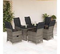 Teenpull Set Comedor jardín ratán sintético Gris con 7 Piezas, 6 sillas reclinables y Cojines con Funda Lavable para terraza Patio Exterior, Mesa con Superficie Vidrio Templado Ideal para Ocio y