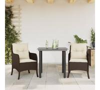 Teenpull Set Comedor jardín ratán sintético marrón con Cojines Blancos Crema, Mesa Vidrio Templado 80x80 cm, 2 sillas Acero Recubierto, Ideal terraza Patio balcón para reunión y Ocio al Aire Libre
