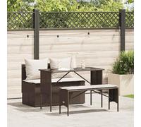 Teenpull Set Comedor jardín ratán sintético marrón con Mesa Vidrio Templado sofá sin reposabrazos Taburete Largo y Cojines desenfundables para terraza Patio balcón Ocio Exterior
