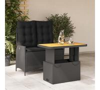 Teenpull Set Comedor jardín ratán sintético Negro con 2 Piezas Banco reclinable y Mesa elevable, Cojines con Funda Lavable para terraza, Patio o balcón