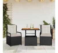Teenpull Set Comedor jardín ratán sintético Negro con Cojines Blancos Crema, Mesa Acacia Ajustable 80x80x40/71 cm, 2 sillas reclinables 55x60x93 cm para terraza Patio balcón Ocio Exterior