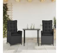 Teenpull Set Comedor jardín ratán sintético Negro con Cojines, Mesa Vidrio Templado 80x80 cm y 2 sillas reclinables, Muebles Exterior para terraza, Patio y balcón
