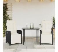 Teenpull Set Comedor jardín ratán sintético Negro con Mesa Vidrio Templado 80x80x74 cm 3 Piezas 2 sillas Ajustables con Cojines desenfundables para terraza Patio balcón Ocio