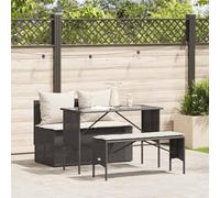 Teenpull Set Comedor jardín ratán sintético Negro con Mesa Vidrio Templado sofá sin reposabrazos y Taburete Largo 3 Piezas con Cojines desenfundables para terraza Patio balcón y Ocio al Aire Libre