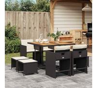 Teenpull Set de Comedor jardín ratán sintético Negro con Mesa Acacia 110x106x73 cm 9 Piezas 4 sillas Plegables 4 taburetes con Cojines Blancos para terraza Patio balcón Ocio Exterior