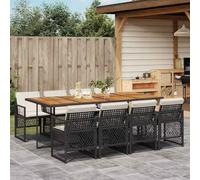 Teenpull Set de Comedor jardín ratán sintético Negro con Mesa Acacia 220x106x73 cm y 8 sillas Plegables con Cojines Blancos extraíbles para terraza Patio balcón Ocio Exterior