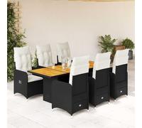 Teenpull Set de Mesa y sillas de jardín ratán PE Negro con 6 sillas reclinables y Cojines Blancos para terraza, Patio o balcón, Muebles de Exterior Resistentes y fáciles de Limpiar
