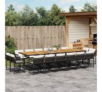 Teenpull Set de Muebles jardín 17 Piezas ratán sintético Negro con Cojines Blancos Crema, Mesa Madera Acacia 330x106x73 cm, sillas apilables Plegables para terraza Patio balcón Comedor Descanso Ocio