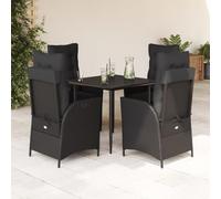 Teenpull Set de Muebles jardín 5 Piezas ratán sintético Negro con Cojines Acolchados, Mesa de Vidrio Templado 80x80 cm, sillas reclinables para terraza, Patio o balcón