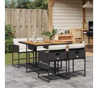 Teenpull Set de Muebles jardín 5 Piezas ratán sintético Negro con Cojines Blancos Crema Mesa Madera Acacia para terraza Patio Comedor Exterior con sillas Plegables Resistentes y fáciles de Limpiar