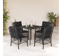 Teenpull Set de Muebles jardín 5 Piezas ratán sintético Negro con Cojines, Mesa Vidrio Templado 80x80 cm, sillas Acero Recubierto, para terraza, Patio y Comedor Exterior cómodo y Resistente